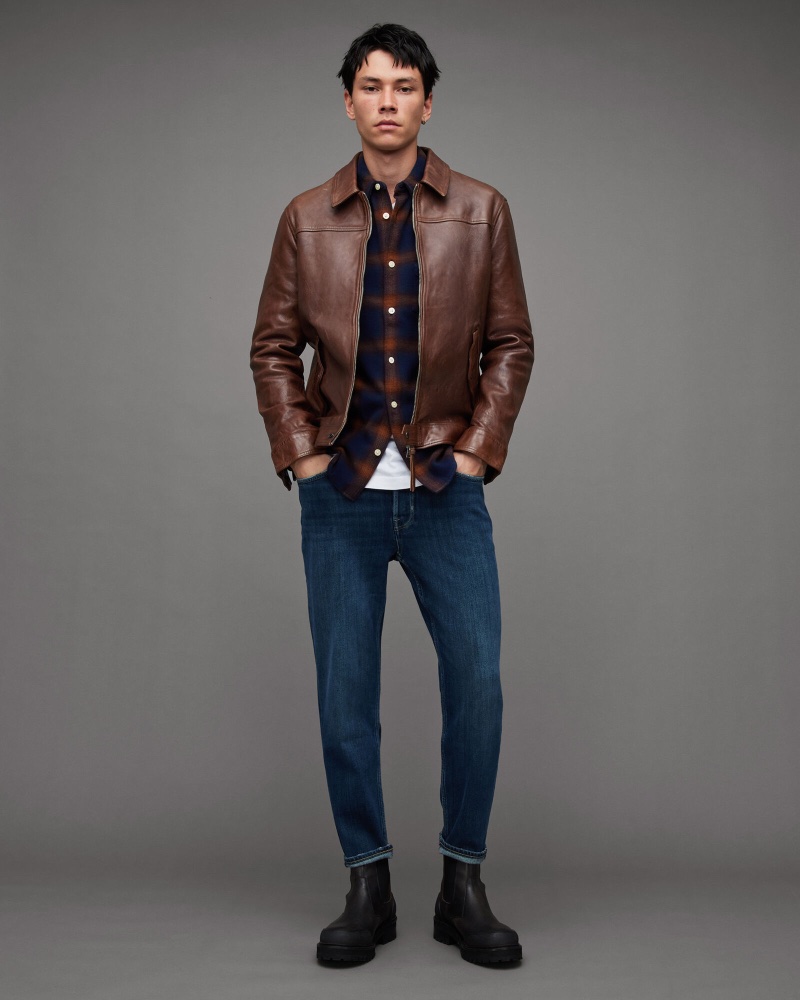 AllSaints Brim Washed Leather Jacket Rust Brown Men