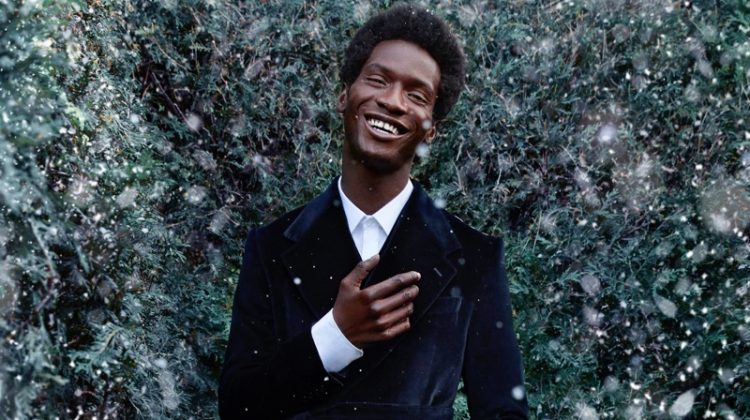 A dapper vision, Adonis Bosso dons an elegant evening number by Dolce & Gabbana for Holt Renfrew.